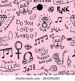 Cool girls doodle drawing elements on pink, seamless repeating pattern texture background design for textile graphics, fashion fabrics and prints