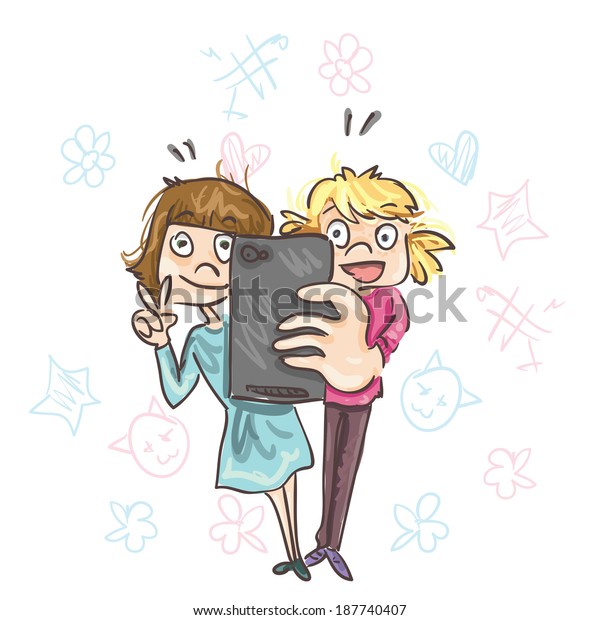 Cool Girls Taking Photo Mirror Stock Vector (royalty Free) 187740407 