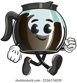 cool glass coffee pot cartoon mascot character vector illustration walking, work of hand drawn