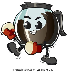 cool glass coffee pot cartoon mascot character vector illustration practicing boxing wearing boxing glove, work of hand drawn