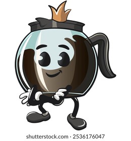 cool glass coffee pot cartoon mascot character vector illustration crowned like a king while folding his arms calmly, work of hand drawn