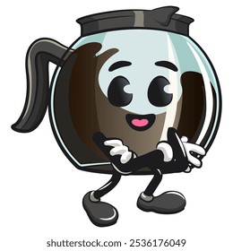 cool glass coffee pot cartoon mascot character vector illustration folding his arms calmly, work of hand drawn