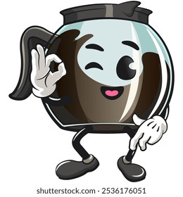 cool glass coffee pot cartoon mascot character vector illustration brought greet by giving oke sign, work of hand drawn