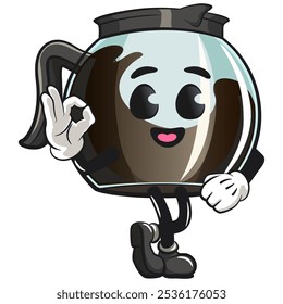 cool glass coffee pot cartoon mascot character vector illustration dancing while giving the okay sign, work of hand drawn