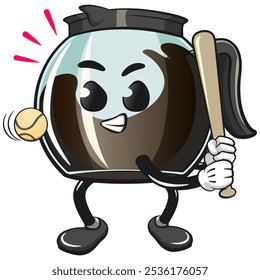 cool glass coffee pot cartoon mascot character vector illustration ready to hit with a baseball ball, work of hand drawn