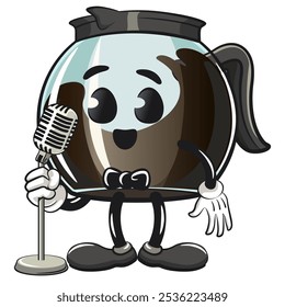 cool glass coffee pot cartoon mascot character vector illustration in front of the mic become a stand up comedian, work of hand drawn