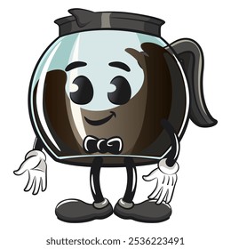 cool glass coffee pot cartoon mascot character vector illustration a bow tie and feeling cool, work of hand drawn