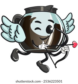 cool glass coffee pot cartoon mascot character vector illustration become a cupid with angel wings and the arrow of love, work of hand drawn