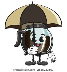 cool glass coffee pot cartoon mascot character vector illustration with an umbrella, work of hand drawn