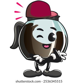 cool glass coffee pot cartoon mascot character vector illustration in cool hip-hop style, work of hand drawn