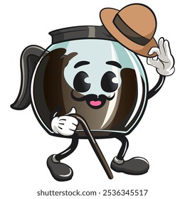 cool glass coffee pot cartoon mascot character vector illustration carrying a stick and saluting with raised hat, work of hand drawn