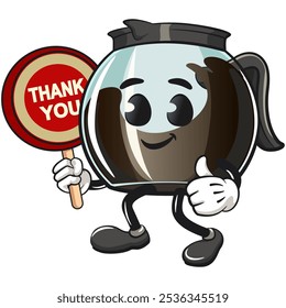 cool glass coffee pot cartoon mascot character vector illustration carrying a sign saying thank you, work of hand drawn