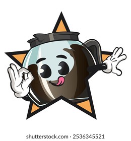 cool glass coffee pot cartoon mascot character vector illustration out from of a star by giving an OK sign, work of hand drawn