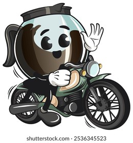 cool glass coffee pot cartoon mascot character vector illustration riding a big motorcycle, work of hand drawn