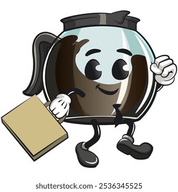 cool glass coffee pot cartoon mascot character vector illustration wearing a tie and carrying a suitcase rushing to the office, work of hand drawn