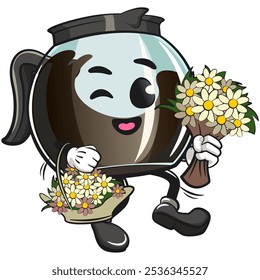 cool glass coffee pot cartoon mascot character vector illustration as florist with desy flowers, work of hand drawn