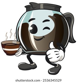 cool glass coffee pot cartoon mascot character vector illustration with a cup of coffee while giving a thumbs up, work of hand drawn