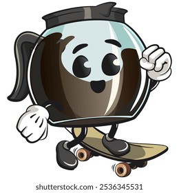 cool glass coffee pot cartoon mascot character vector illustration playing skateboardin, work of hand drawn