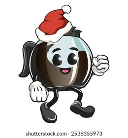 cool glass coffee pot cartoon mascot character vector illustration walking while wearing a santa hat, work of hand drawn