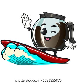 cool glass coffee pot cartoon mascot character vector illustration surfing happily, work of hand drawn