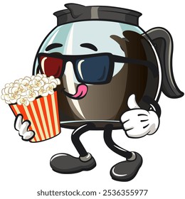 cool glass coffee pot cartoon mascot character vector illustration brought a bucket of popcorn with wearing 3d glasses, work of hand drawn