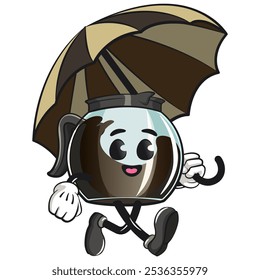 cool glass coffee pot cartoon mascot character vector illustration walking with an umbrella, work of hand drawn