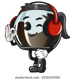 cool glass coffee pot cartoon mascot character vector illustration listening to headset while dancing, work of hand drawn