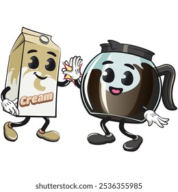 cool glass coffee pot cartoon mascot character vector illustration giving cream box a high five, work of hand drawn