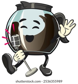 cool glass coffee pot cartoon mascot character vector illustration sing earnestly with maximum style, work of hand drawn