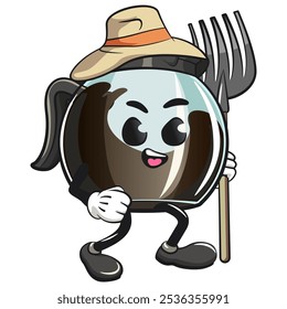 cool glass coffee pot cartoon mascot character vector illustration as farmer in hat with his for, work of hand drawn