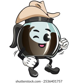 cool glass coffee pot cartoon mascot character vector illustration wearing a cowboy hat walking calmly, work of hand drawn