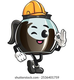 cool glass coffee pot cartoon mascot character vector illustration wear a construction worker's helmet, work of hand drawn