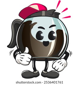 cool glass coffee pot cartoon mascot character vector illustration wearing a baseball cap while giving a thumbs up, work of hand drawn