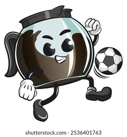 cool glass coffee pot cartoon mascot character vector illustration dribbling a football or soccer ball, work of hand drawn