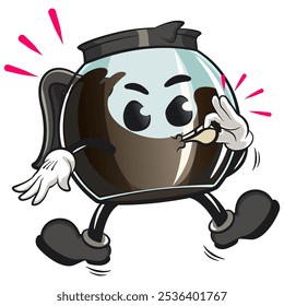 cool glass coffee pot cartoon mascot character vector illustration is blowing the whistlen, work of hand drawn