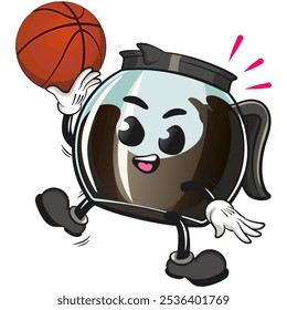 cool glass coffee pot cartoon mascot character vector illustratio playing basketbal, work of hand drawn