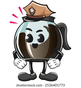 cool glass coffee pot cartoon mascot character vector illustration as a policeman, work of hand drawn