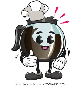 cool glass coffee pot cartoon mascot character vector illustration as chef give thumbs up, work of hand drawn