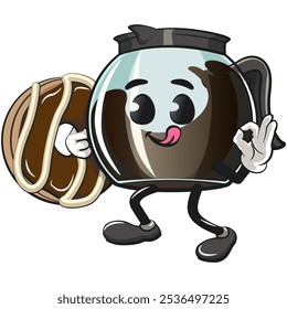 cool glass coffee pot cartoon mascot character vector illustration holding a chocolate donut while giving an okay sign with the other hand, work of hand drawn