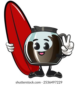 cool glass coffee pot cartoon mascot character vector illustration with surfboard, work of hand drawn