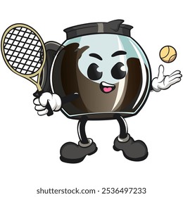 cool glass coffee pot cartoon mascot character vector illustratio playing tennis, work of hand drawn