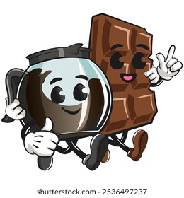 cool glass coffee pot cartoon mascot character vector illustration with a chocolate bar character while giving thumbs up, work of hand drawn