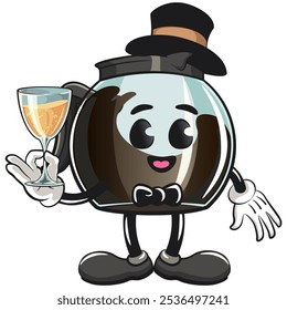 cool glass coffee pot cartoon mascot character vector illustration wearing a hat and bow tie raising a wine glass, work of hand drawn