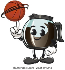 cool glass coffee pot cartoon mascot character vector illustration spin the basketball with the index finger, work of hand drawn