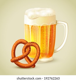 Cool glass mug of cold golden beer with froth and pretzel emblem vector illustration