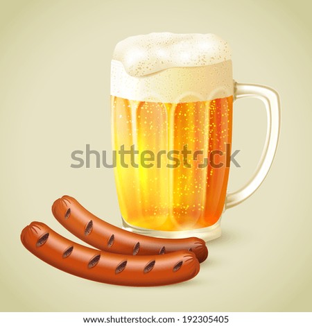 Cool glass mug of cold golden beer with froth and grilled sausage emblem vector illustration