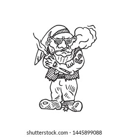 Cool gnome with tattoos in hat smoking pipe, hand drawn outline doodle sketch vector illustration, perfect for card, invitation, greeting design