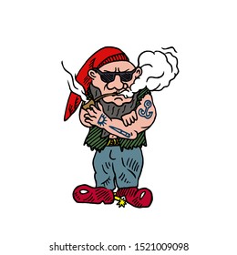 Cool gnome with tattoos in red hat smoking pipe, hand drawn colorful doodle sketch vector illustration, perfect for card, invitation, greeting design