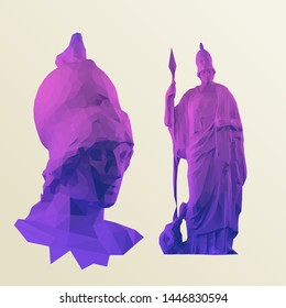 Cool Goddess Athena. Set of Gradient Sculptures on Light Background. Low Poly Vector 3D Rendering