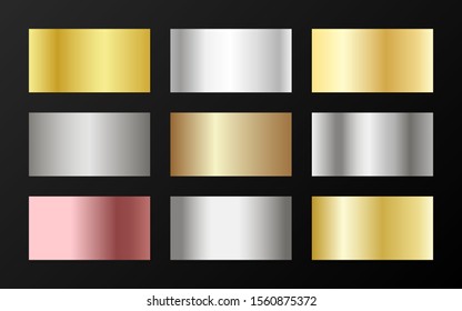 Cool golden, platinum, bronze, pink gold gradients. Metallic foil texture silver, steel, chrome, platinum, copper, bronze, aluminum, rose gold gradient swatches.  Stylish metallic swatches set.